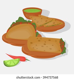 Mexican traditional food set, traditional cusine of Mexico, latino fast food menu takos, burrito, restaurant meal vector