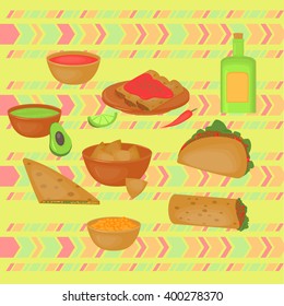 Mexican traditional food set, traditional cusine of Mexico, latino fast food menu takos, burrito, restaurant meal vector