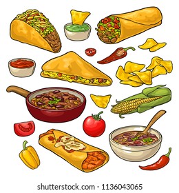 Mexican traditional food set with Guacamole, Quesadilla, Enchilada, Burrito, Tacos, Nachos, chili con carne with ingredient. Vector vintage color illustration isolated on white background.