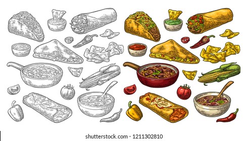 Mexican traditional food set with Guacamole, Quesadilla, Enchilada, Burrito, Tacos, Nachos, chili con carne with ingredient. Vector vintage color and black engraving illustration isolated on white