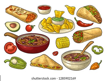 Mexican traditional food set with Guacamole, Quesadilla, Enchilada, Burrito, Taco, Nachos, chili con carne with ingredient. Vector vintage color engraving illustration isolated on white background.