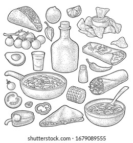 Mexican traditional food set with Guacamole, Quesadilla, Enchilada, Burrito, Taco, Nachos, tequila, chili con carne with ingredient. Vector vintage black engraving illustration isolated on white backg