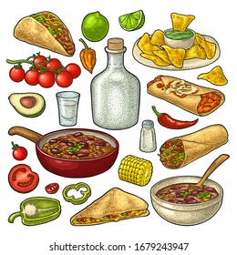 Mexican traditional food set with Guacamole, Quesadilla, Enchilada, Burrito, Taco, Nachos, chili con carne with ingredient. Vector vintage color engraving illustration isolated on white background.