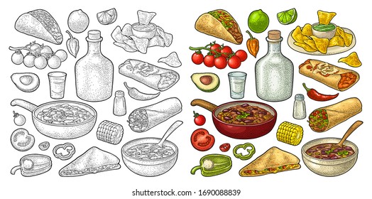 Mexican traditional food set with Guacamole, Quesadilla, Enchilada, Burrito, Taco, Nachos, chili con carne with ingredient. Vector vintage color engraving illustration isolated on white background.