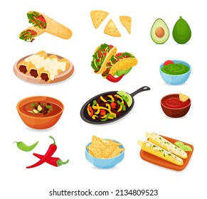 Mexican traditional food set with guacamole, quesadilla, enchilada, burrito, tacos, nachos, chili, salsa, fajitos. Mexican, street, home food icons for menu. Vector illustration on white background.