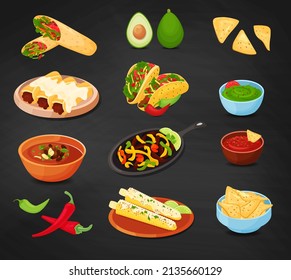  Mexican traditional food set with guacamole, quesadilla, enchilada, burrito, tacos, nachos, chili, salsa, fajitos. Mexican, street, home food icons for menu. Vector illustration on black chalk board.