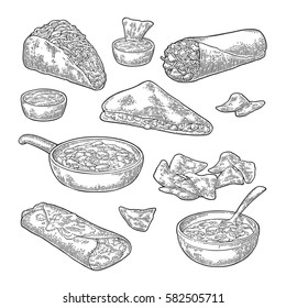 Mexican traditional food set with guacamole, enchilada, burrito, tacos, nachos. Vector vintage black engraving illustration for menu, poster, web. Isolated on white background.