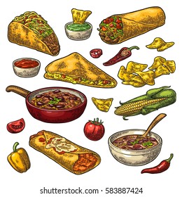 Mexican traditional food set with Guacamole, Quesadilla, Enchilada, Burrito, Tacos, Nachos, chili con carne with ingredient. Vector vintage color engraving illustration isolated on white background.