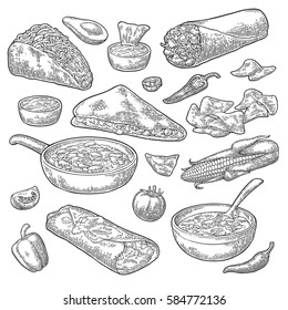 Mexican traditional food set with Guacamole, Quesadilla, Enchilada, Burrito, Tacos, Nachos, chili con carne with ingredient. Vector vintage black engraving illustration isolated on white background.