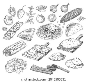 Mexican traditional food set with ingredient. Tostada, quesadilla, tacos, nachos, enchilada, burrito, empanadas, churros, pepper, onion, tomato, corn. Vector vintage black engrave isolated on white