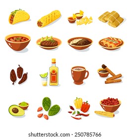 Mexican traditional food set with meat avocado tequila corn isolated vector illustration