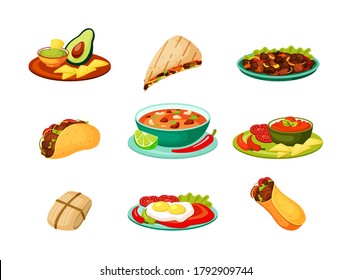 Mexican traditional food set. Spicy fresh vegetable meat cuisine burrito with spices guacamole green avocado hot quesadilla with chili and lemon tacos chicken fillet. National vector snacks.