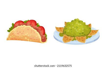 Mexican traditional food set. Taco and guacamole vector illustration