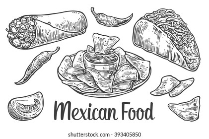 Mexican traditional food set and text message  burrito  tacos  chili  tomato  nachos  Vector vintage engraved illustration for menu  poster  web  Isolated white background 