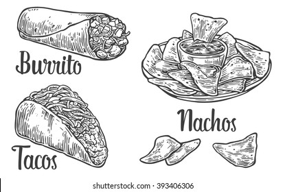 Mexican traditional food set with text message, burrito, tacos, chili, tomato, nachos. Vector vintage engraved illustration for menu, poster, web. Isolated on white background.