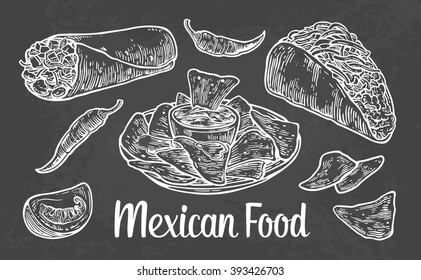 Mexican traditional food set with text message, burrito, tacos, chili, tomato, nachos. Vector vintage engraved illustration for menu, poster, web. Isolated on white background.