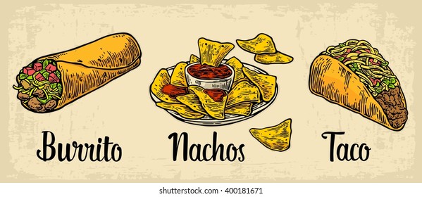 Mexican traditional food set with text message, burrito, tacos, nachos. Vector vintage engraved illustration for menu, poster, web. Isolated on beige background