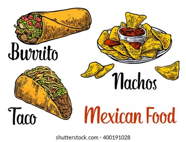 Mexican traditional food set with text message, burrito, tacos, nachos. Vector vintage engraved illustration for menu, poster, web. Isolated on white background