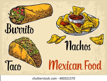 Mexican traditional food set with text message, burrito, tacos, chili, nachos. Vector vintage engraved illustration for menu, poster, web. Isolated on beige background