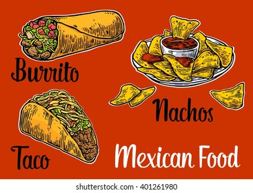 Mexican traditional food set with text message, burrito, tacos, nachos. Vector vintage engraved illustration for menu, poster, web. Isolated on red background