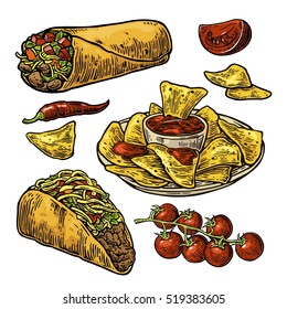 Mexican traditional food set with text message, burrito, tacos, chili, tomato, nachos. Vector vintage engraved illustration for menu, poster, web. Isolated on white background.