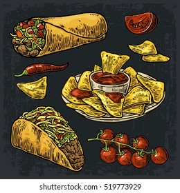 Mexican Traditional Food Set With Text Message, Burrito, Tacos, Chili, Tomato, Nachos. Vector Vintage Engraved Illustration For Menu, Poster, Web. Isolated On Dark Background.