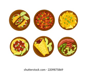 Mexican traditional food set. Top view of plates with tasty dishes cartoon vector illustration