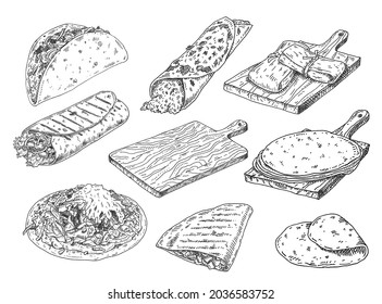 Mexican traditional food set with tortillas. Tostada, quesadilla, tacos, enchilada, burrito, empanadas. Vector vintage black engraving illustration isolated on white