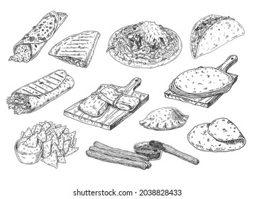 Mexican Traditional Food Set. Tostada, Quesadilla, Tacos, Nachos, Enchilada, Burrito, Empanadas, Churros. Vector Vintage Black Engraving Illustration Isolated On White