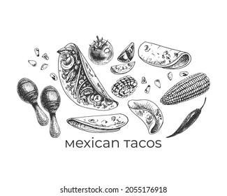 Mexican traditional food, tacos, corn, tomatoes, maracas, chili peppers, tortillas, garfica, hand drawing,