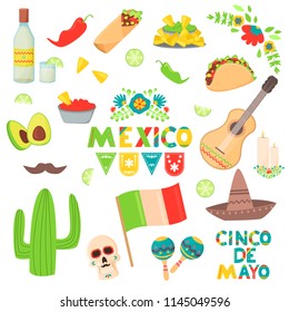 Mexican traditional food tacos nachos vector illustration. Cinco De Mayo holiday carnival and flag symbols party festival. Day of the dead or mexico Halloween dia de los muertos