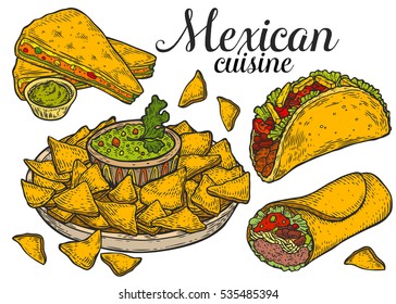 Mexican traditional food vector hand drawn illustration set, menu label, banner poster identity, branding. Stylish design with sketch illustration of Mexican cuisine sketch. Isolated on white.