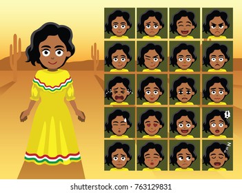 Mexican Traditional Girl Cartoon Emotion faces Vector Illustration