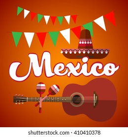 Mexican Traditional Hat Sombrero Maraca Guitar, Mexico Flat Vector Illustration