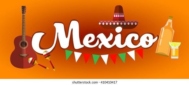 Mexican Traditional Hat Sombrero Maraca Guitar Mexico Banner Flat Vector Illustration