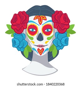 Mexican traditional holiday celebration, day of the dead makeup of woman. Halloween painting of face resembling skull. Folk and ethnic roots, roses and flowers as decoration vector in flat style