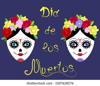 
Mexican traditional  holiday or Day of Dead. Vector two women in calavera skull painting. Dia de los Muertos.