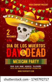 Mexican traditional holiday Day of the Dead or Dia de los Muertos in spanish. Template of poster, flyer or invite to party. Calaveras or skull in sombrero with marigold flowers. Vector illustration.