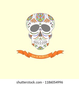 Mexican traditional holiday Day of the memory of died of relatives doodle stylized sugar skull, tape record Dia de Muertos hand drawn on beige, design element сolorful stock vector illustration