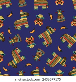 Mexican traditional masks and pinata seamless pattern