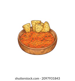 Mexican traditional nachos corn chips with red salsa dip, sketch vector illustration isolated on white background. Hand drawn national cuisine dish for cafe or restaurant menu design.