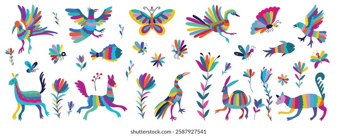 Mexican traditional otomi style embroidery elements. Big collection of traditional elements of Mexican pattern Otomi, flowers, leaves, birds, animal