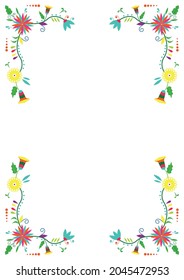 Mexican traditional Otomi Tenango embroidery style. Flower ornamental frame isolated on white background . Copy space for text. For cover, greeting card, wedding party invitation, banner, restaurant m