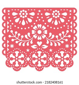 Diseño vectorial tradicional mexicano Papel Picado inspirado en la decoración tradicional de corte de México, decoración de guirnaldas florales. Fondo de fiesta frío con flores, hojas y formas geométricas

