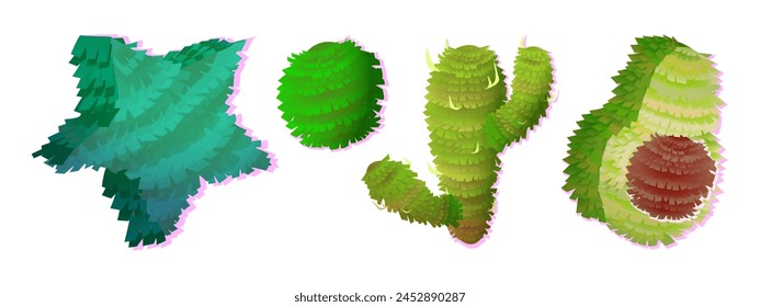 Mexican traditional pinata for carnival or birthday party design. Cartoon vector set of green paper handicraft festival game element with sweet candy inside in shape of star, ball, avocado and cactus.