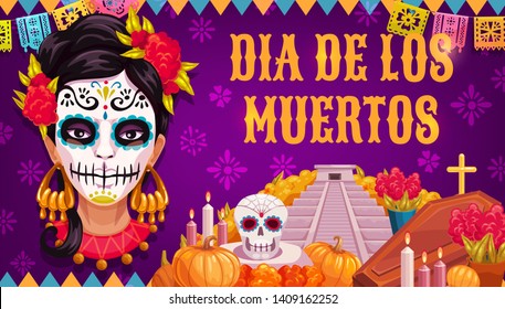 Mexican traditional religious holiday or Day of Dead. Vector woman in calavera skull painting, Aztec pyramid or altar and coffin with Dia de los Muertos marigold flowers, flags and candles