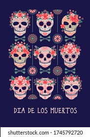 Mexican traditional religious holiday Day of the Dead or Dia de los Muertos in spanish. Unusual design. Some calaveras or skulls with different floral decorations and ornaments. Vector illustration.