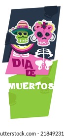 Mexican traditional religious holiday or Day of Dead concept. Halloween illustration. Man in colorful hat and woman skull with makeup of Catarina with flowers crown. Vector illustration background