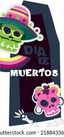 Mexican traditional religious holiday or Day of Dead and Halloween concept. Man in colorful hat and woman skull with makeup of Catarina with pink flowers crown. Vector illustration background