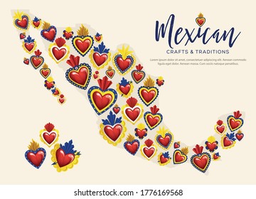 Mexican Traditional Sacred Brass Hearts from San Miguel de Allende; México – Map Composition